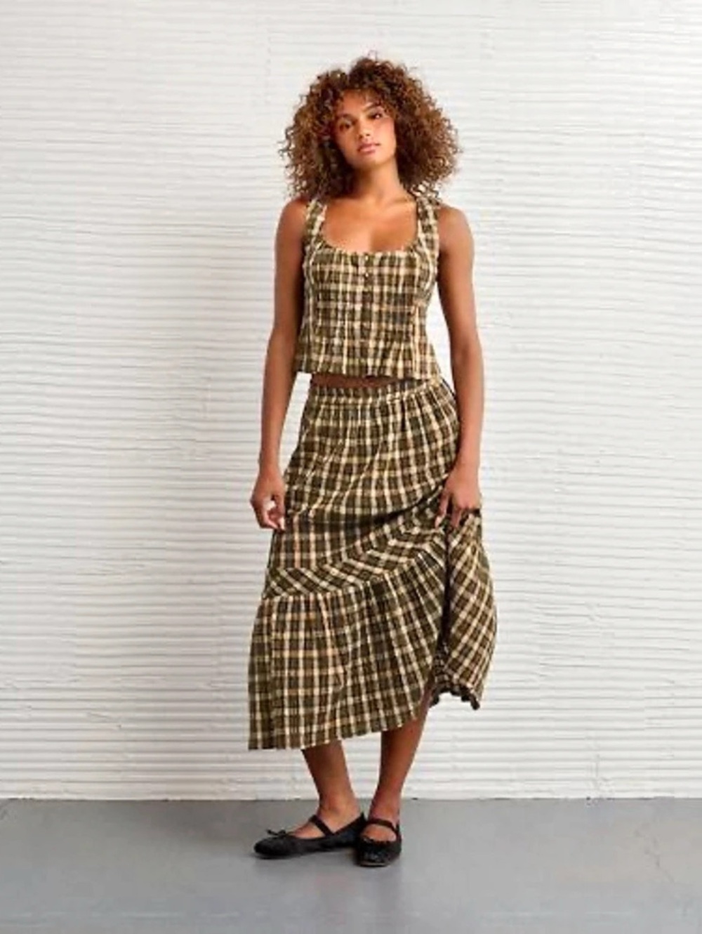 American Eagle Plaid Tiered Midi Skirt